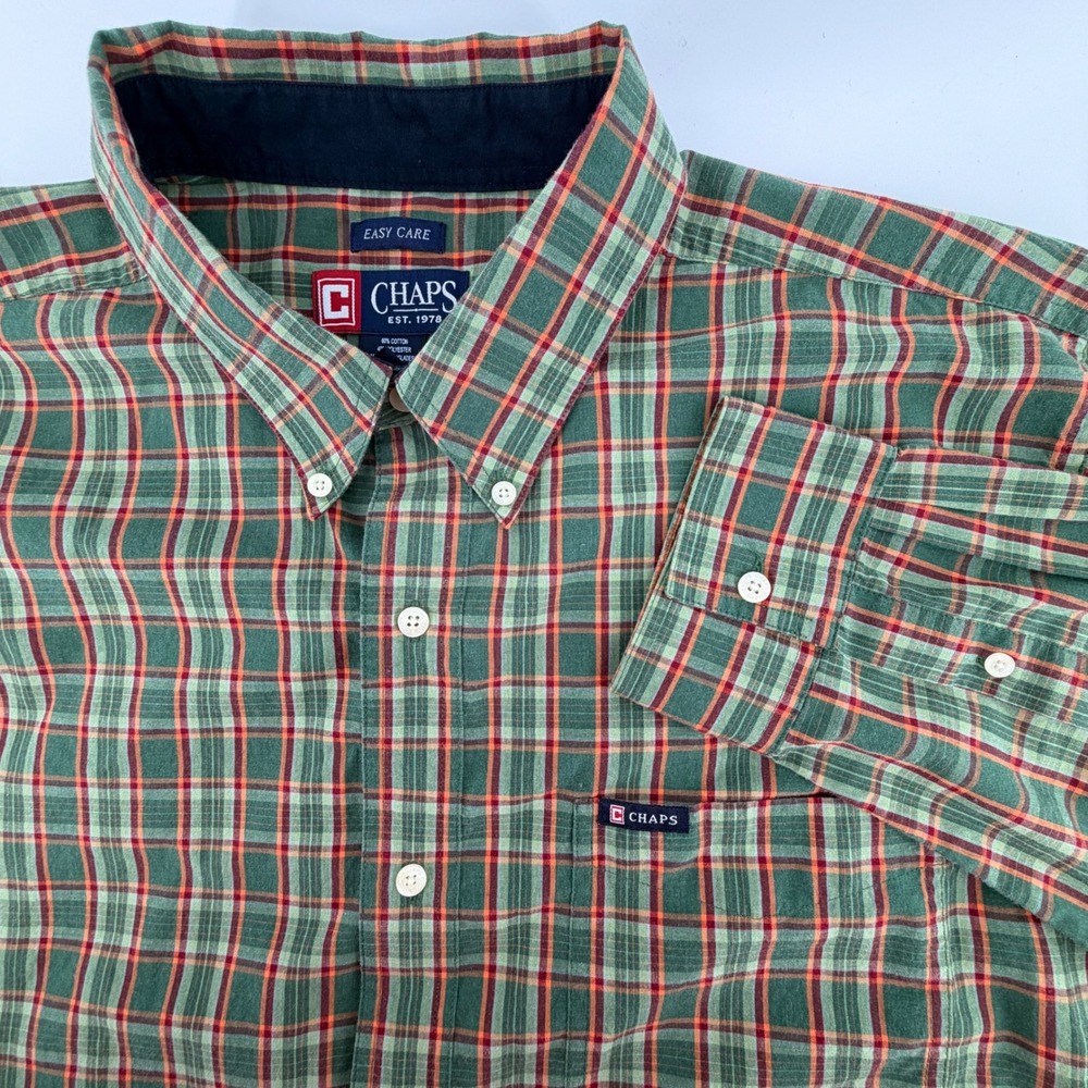 CHAPS Easy Care Plaid Button Down Shirt Men's Large Green Red Orange Long Sleeve